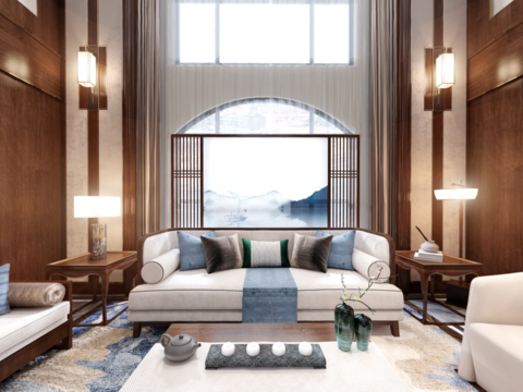 新中式别墅客厅餐厅茶室全景3d模型 
