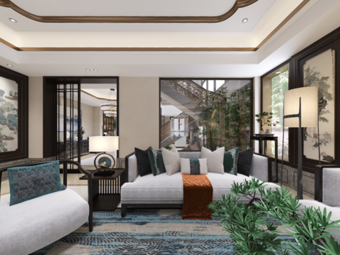  新中式别墅客厅餐厅全景3d模型 