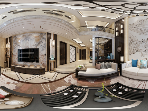  新中式别墅客厅全景3D模型 