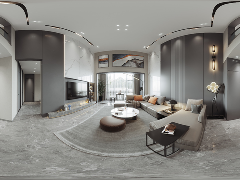  现代高级灰别墅客餐厅cr全景3d模型 