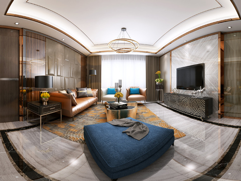  后现代客厅餐厅全景3D模型 