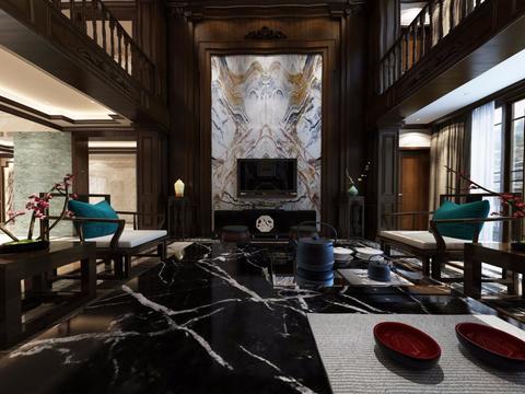  新中式别墅客厅全景3D模型 