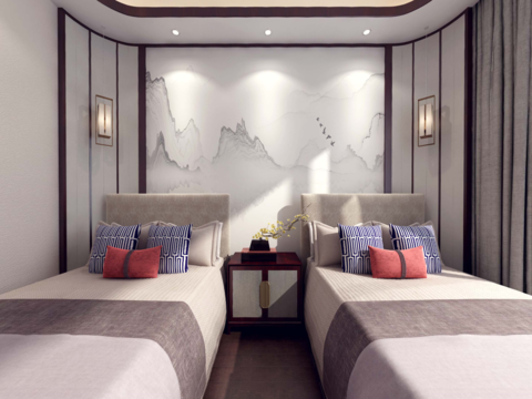  新中式酒店客房双人房3D模型 