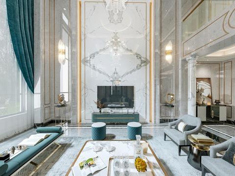  后现代轻奢别墅客厅vr全景3d模型 