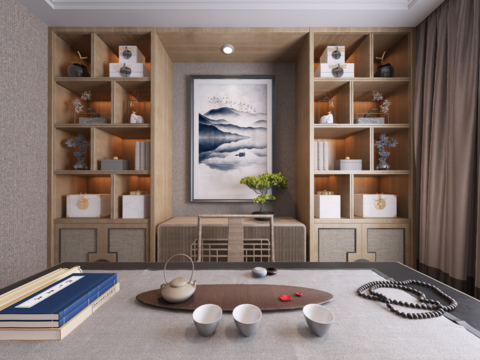  新中式书房全景3d模型 