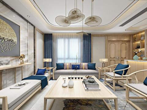 新中式别墅客厅餐厅茶室全景3d模型 