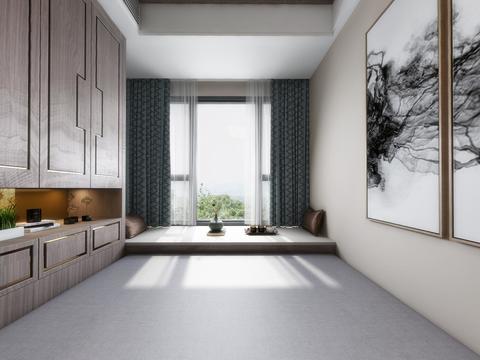  新中式榻榻米书房全景3d模型 