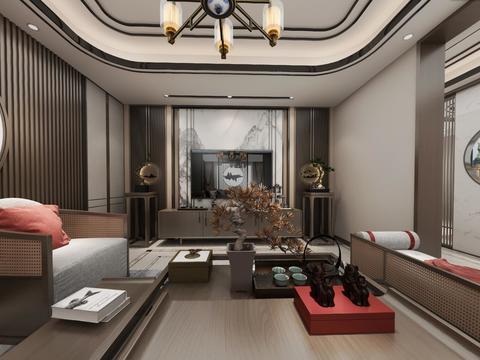  新中式客厅vr全景3d模型 