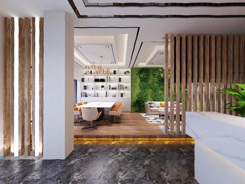  现代装饰公司前台办公区全景3D模型 