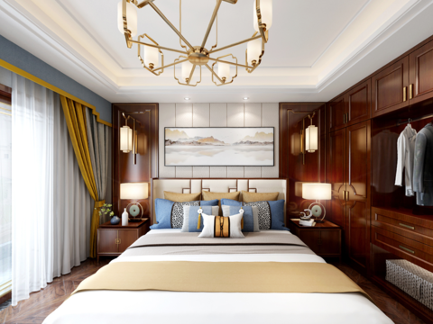  新中式卧室衣帽间vr全景3d模型 