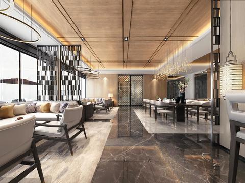  新中式酒店大堂休息区全景3d模型 