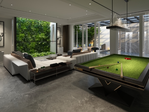  现代客厅台球室休闲室全景3D模型 