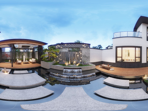  新中式别墅庭院花园vr全景3d模型 