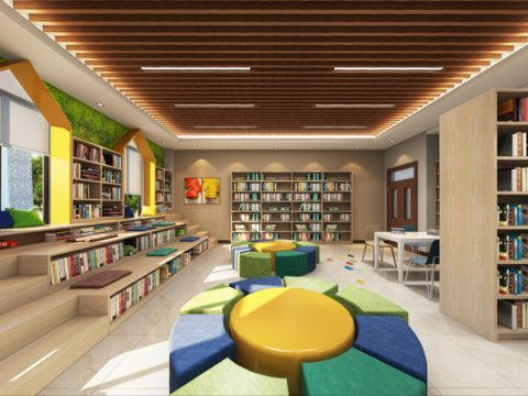  现代图书阅览室全景3d模型 
