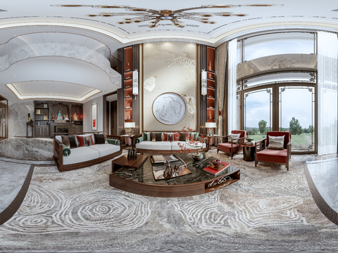  新中式别墅客厅vr全景3d模型 