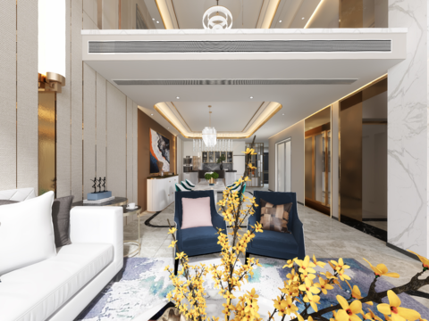  现代轻奢别墅客厅餐厅vr全景3d模型 