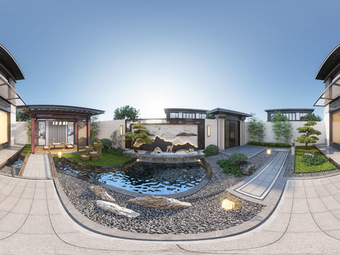  新中式庭院景观CR全景3d模型 