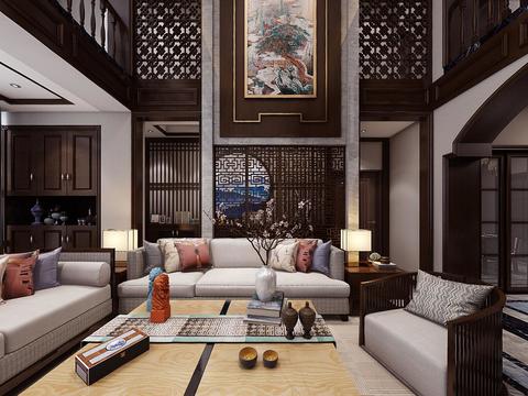  新中式别墅客厅餐厅vr全景3d模型 