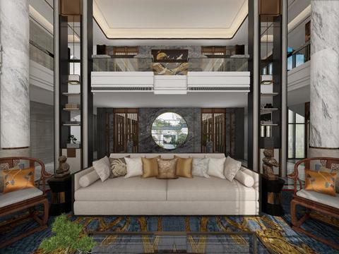  中式别墅大堂全景3d模型 