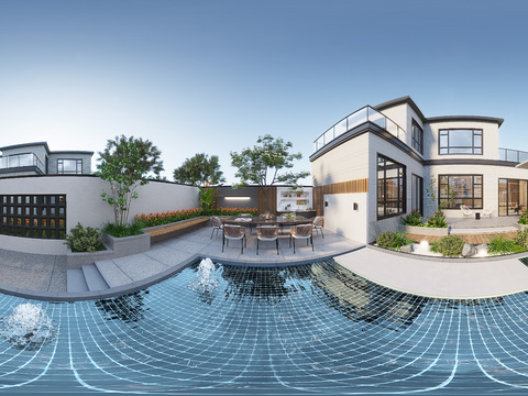  现代别墅庭院花园cr全景3d模型 