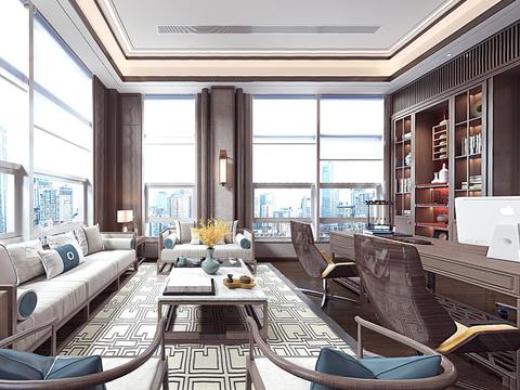  新中式总经理办公室vr全景3d模型 
