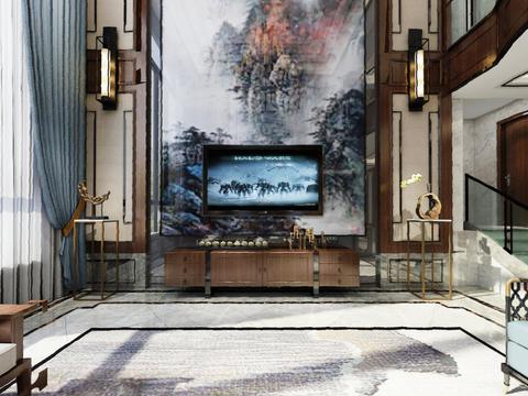  新中式别墅客厅全景3d模型 