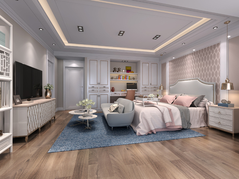 简欧卧室女孩房全景3D模型 