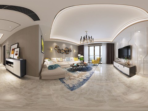  后现代客厅餐厅全景3D模型 