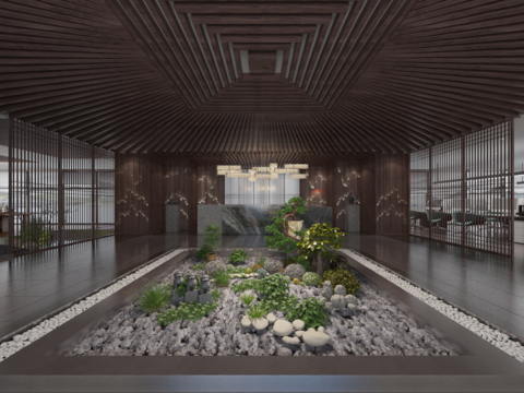  新中式办公前台大堂全景3d模型 
