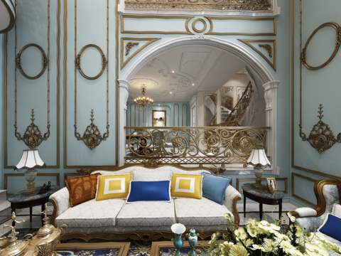  法式别墅客厅餐厅全景3D模型 