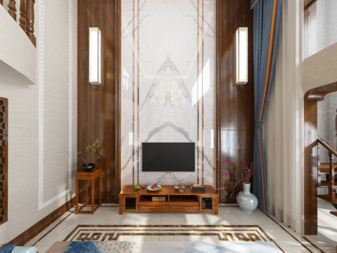  中式挑空别墅客厅餐厅全景3D模型 