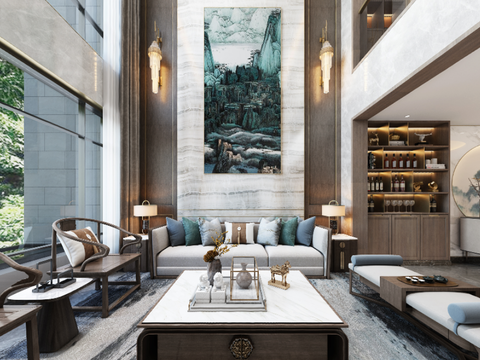  新中式别墅客厅餐厅vr全景3d模型 