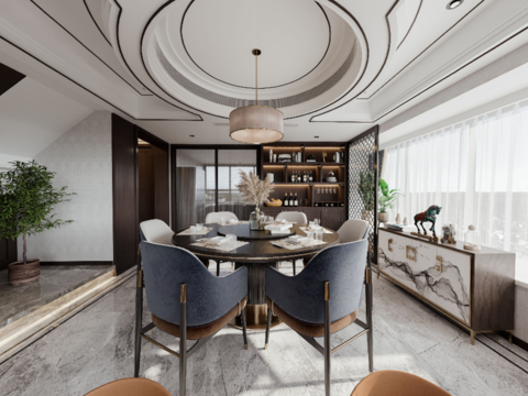 新中式别墅客厅餐厅cr全景3d模型 