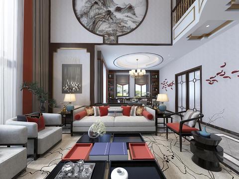  新中式别墅客厅餐厅VR全景3D模型 