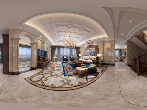  欧式客厅餐厅全景3D模型 