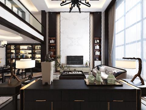  新中式别墅客厅餐厅全景3d模型 