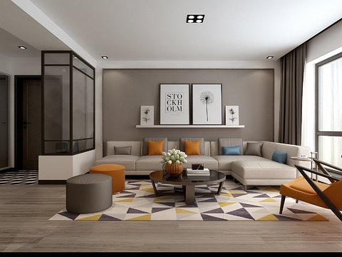  现代简约客厅全景3D模型 