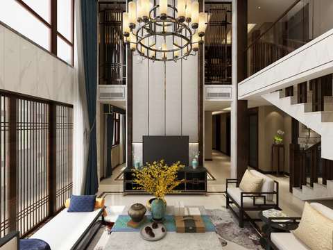  中式别墅客厅全景3D模型 