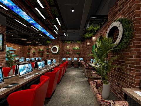  工业风复古网咖全景3d模型 