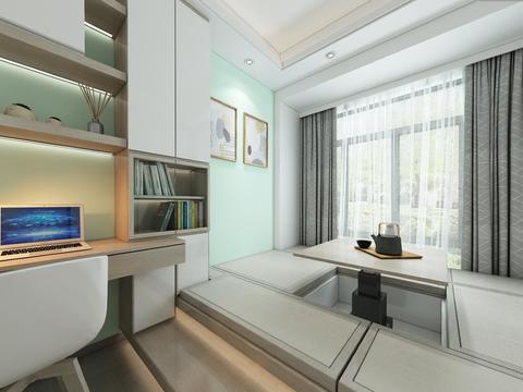  现代榻榻米书房全景3d模型 