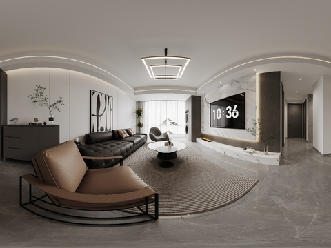  现代客餐厅全景 客厅 餐厅 挂画 吊灯 装饰柜全景3d模型 