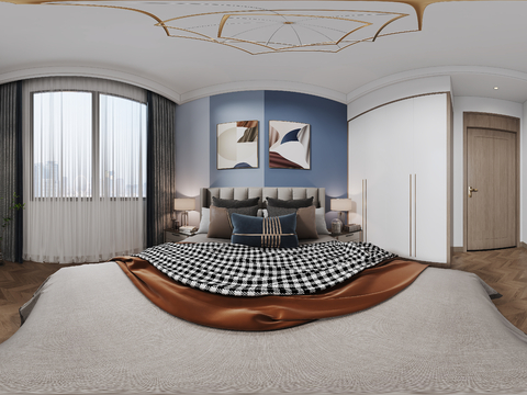  现代卧室全景  挂画 吊灯 装饰柜全景3d模型 