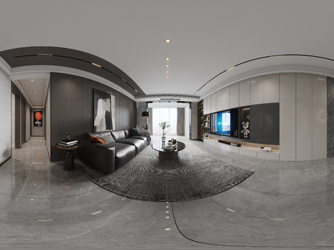  现代客餐厅全景 客厅 餐厅 挂画 吊灯 装饰柜全景3d模型 