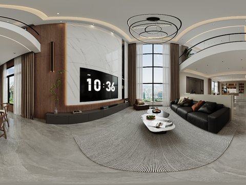  现代客餐厅全景 客厅 餐厅 挂画 吊灯 装饰柜全景3d模型 