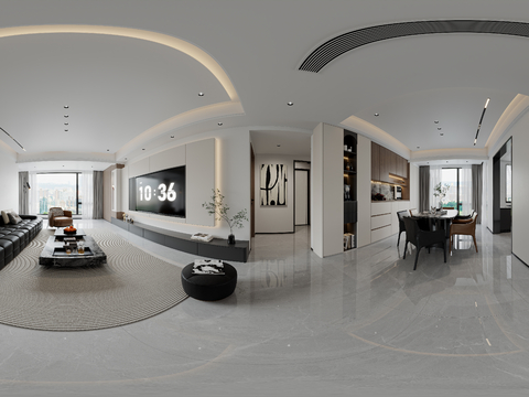  现代客餐厅全景 客厅 餐厅 挂画 吊灯 装饰柜全景3d模型 