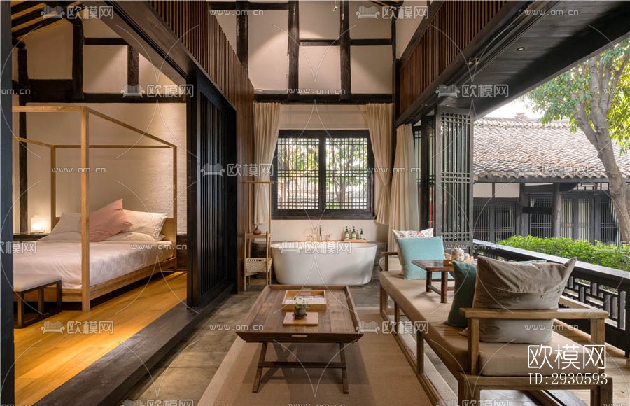 新中式酒店民宿效果图下载（渲染图1）