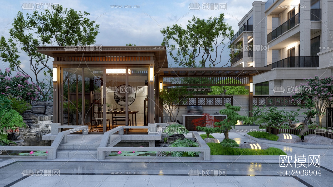 新中式居住景观效果图下载（渲染图9）