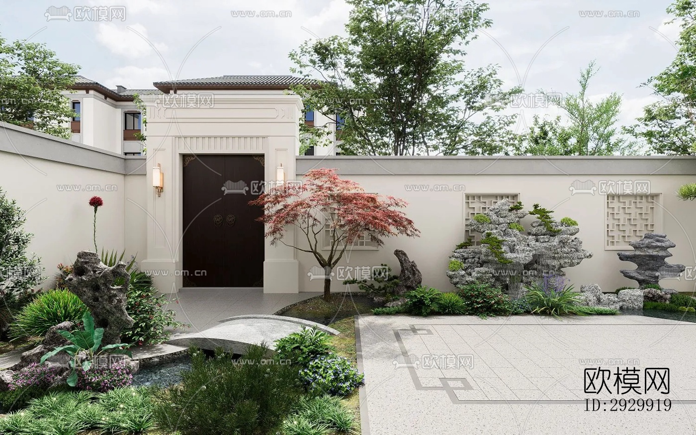 新中式居住景观效果图下载（渲染图4）