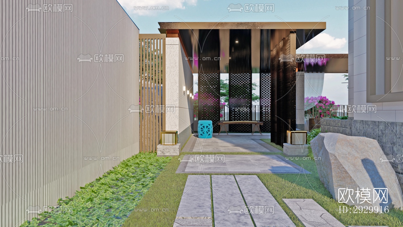 新中式居住景观效果图下载（渲染图7）