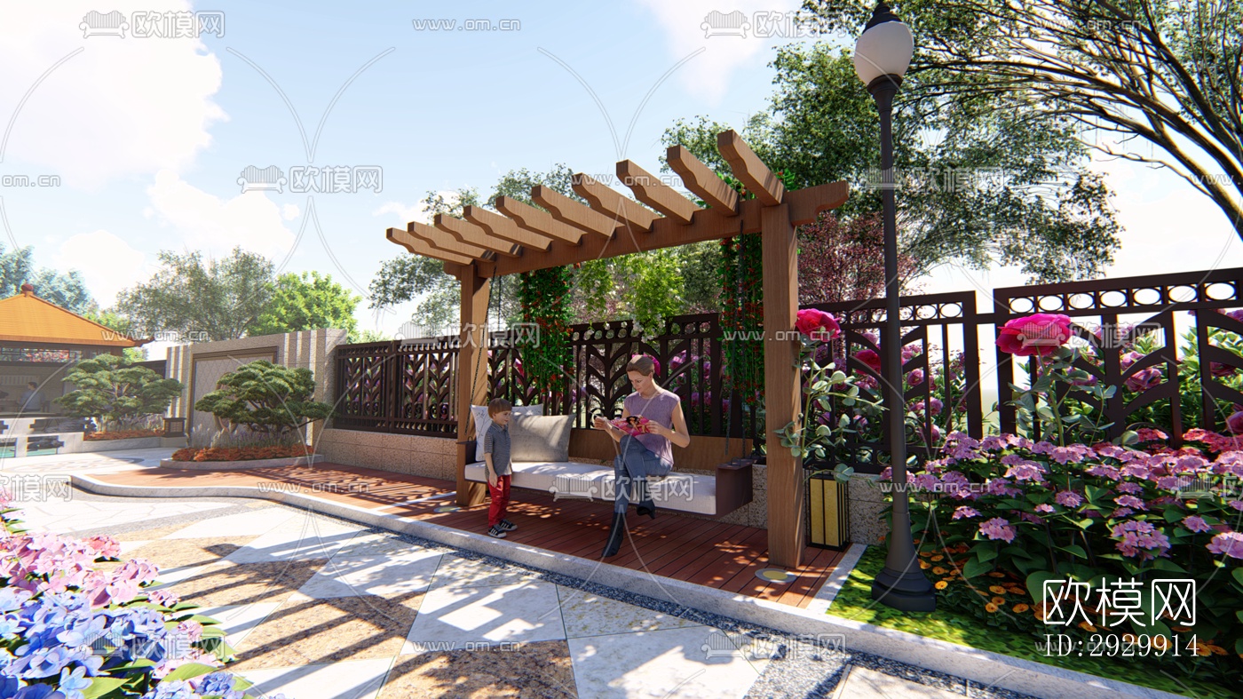 新中式居住景观效果图下载（渲染图4）